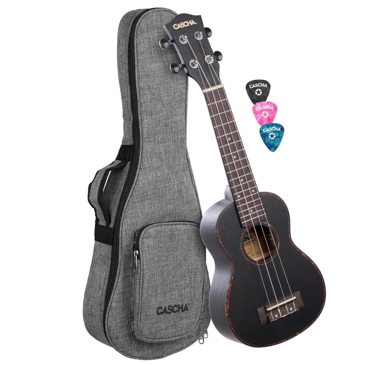 Ukulele Sopranowe czarne z mahoniu Cascha Premium HH 2262 zestaw