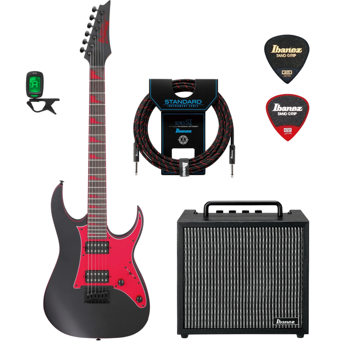 Zestaw gitarowy Ibanez GRG131DX-BKF gitara elektryczna superstrat z combo Ibanez IBZ10GV2 i akcesoria