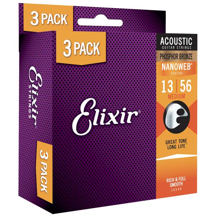 Elixir 16546 Medium 3-Pack Phosphor Bronze (13-56) NW zestaw trzech kompletów strun do gitary akustycznej