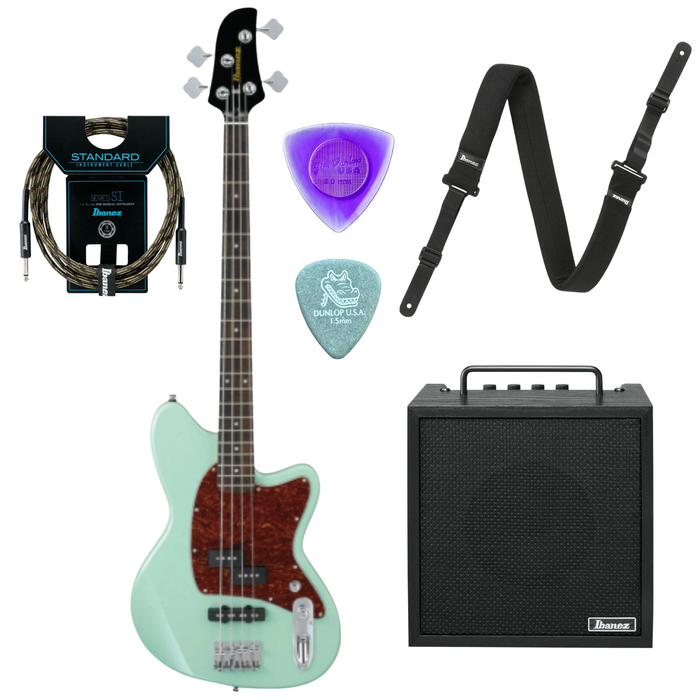 Zestaw gitara basowa Ibanez TMB100-MGR z combo basowym Ibanez IBZ10BV2 10W i akcesoriami