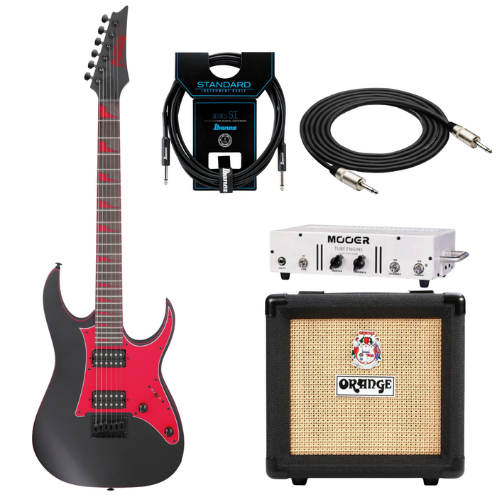 Zestaw gitara elektryczna Ibanez GRG131DX-BKF superstrat ze wzmacniaczem Mooer TUBE ENGINE i kolumną Orange PPC-108