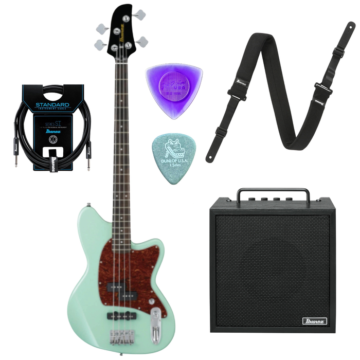 Zestaw gitara basowa Ibanez TMB100-MGR z combo basowym Ibanez IBZ10BV2 10W i akcesoriami