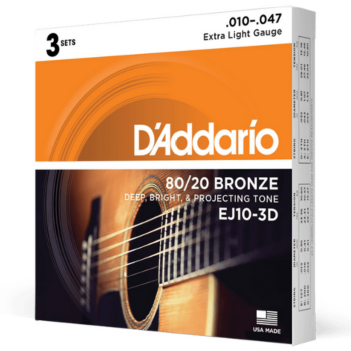 Struny do gitary akustycznej D'Addario EJ10-3D Extra Light 10-47 3PACK