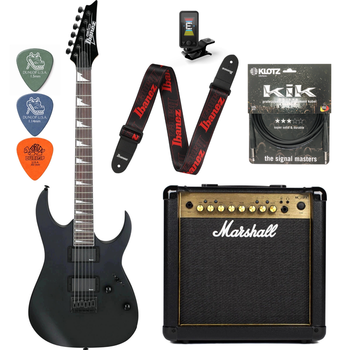 Zestaw gitara elektryczna Ibanez GRG121DX-BKF z combo Marshall MG15GFX Gold + akcesoria