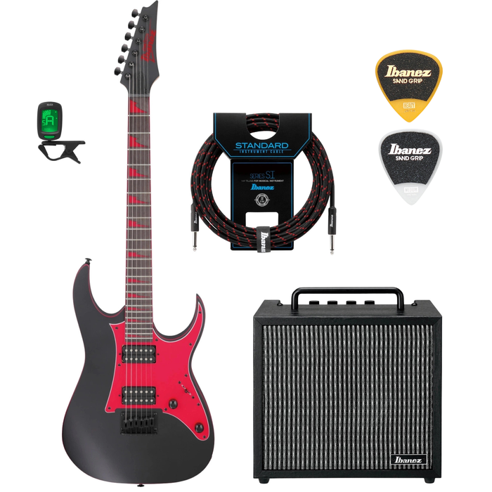 Zestaw gitarowy Ibanez GRG131DX-BKF gitara elektryczna superstrat z combo Ibanez IBZ10GV2 i akcesoria