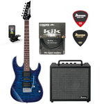 Zestaw gitarowy Ibanez GRX70QA-TBB gitara elektryczna niebieska z combo Ibanez IBZ10GV2 i akcesoriami 