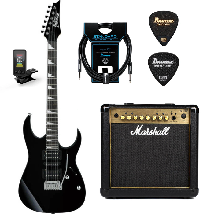 Zestaw gitarowy Ibanez GRG170DX-BKN gitara elektryczna superstrat z combo Marshall MG15GFX Gold i akcesoriami Ibanez 