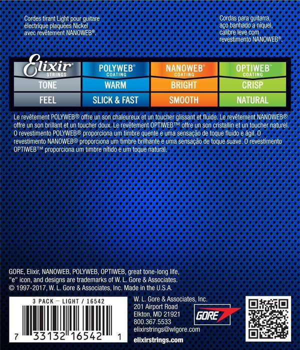 Elixir 16542 Nanoweb Light 3-pack 10-46 zestaw trzech kompletów strun do gitary elektrycznej