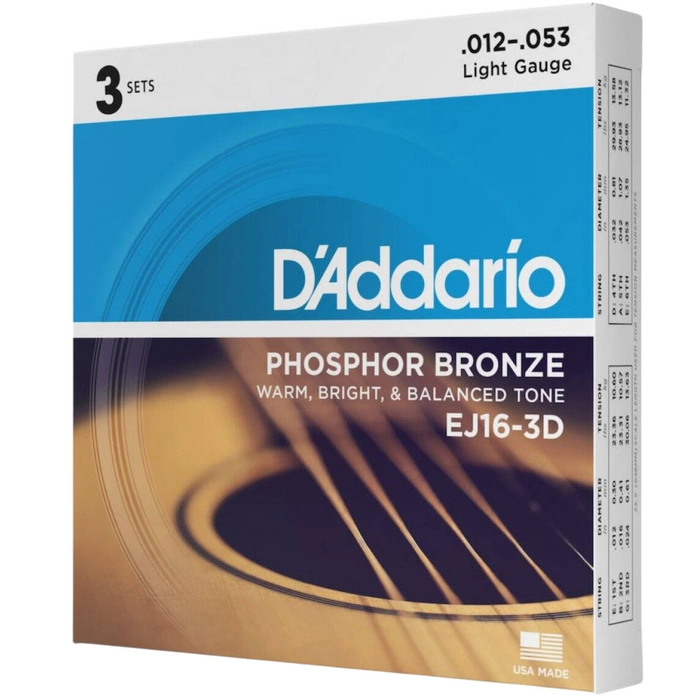 D'Addario EJ16-3D Phosphor Bronze Light 12-53 zestaw trzech kompletów struny do gitary akustycznej 3-Pack 