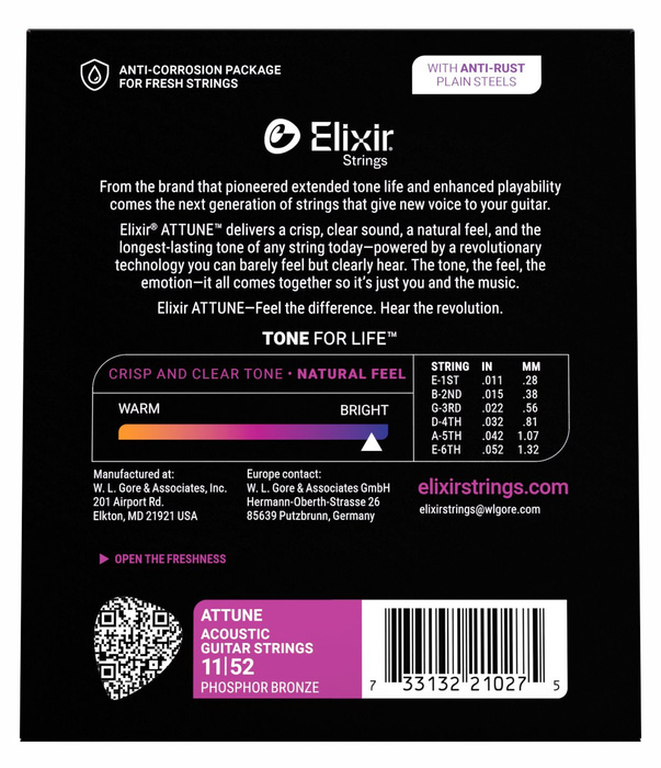 Elixir ATTUNE Phos Bronze 11-52 struny do gitary akustycznej Custom Light