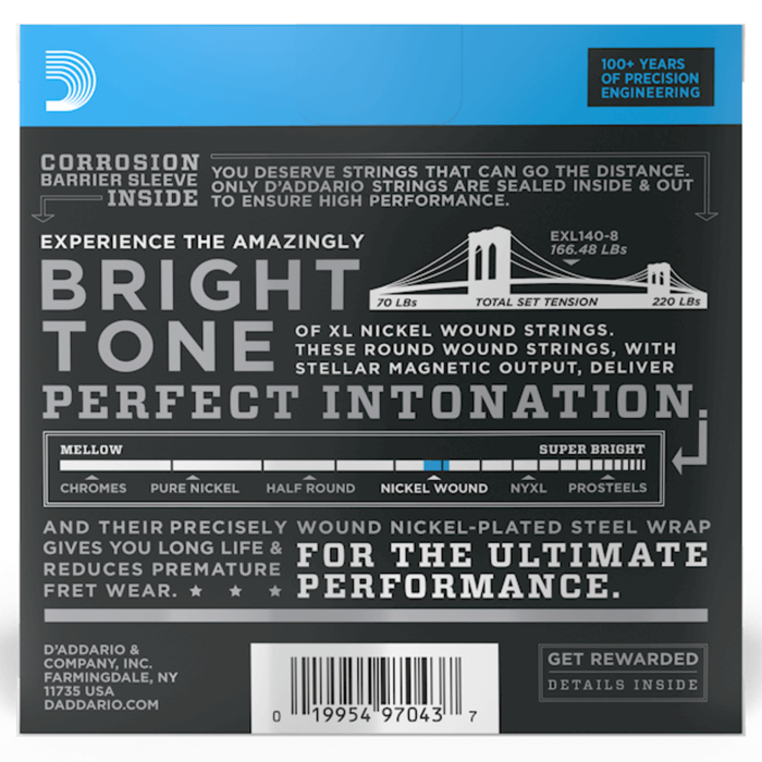 Struny do gitary elektrycznej D'Addario EXL140-8 Light Top/Heavy Bottom 10-74 do gitary 8-strunowej
