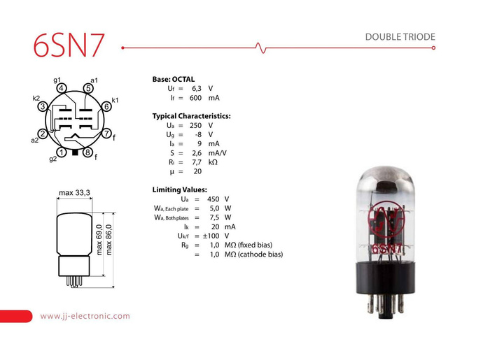 6SN7 JJ Electronic lampa elektronowa - zamiennik 6SN7GT, 6N8S, 6H8C, 6N8P, 6N8, CV181