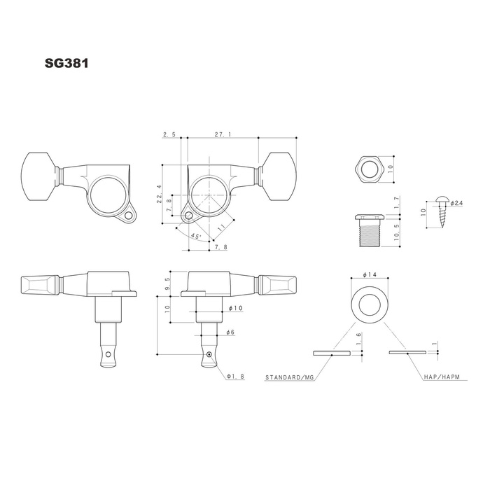 Klucze blokowane GOTOH SG381-05 MGT L6 Cosmo Black sześć lewych kluczy do gitary MG-T