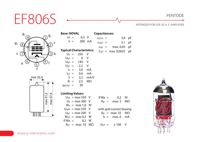 EF806S JJ Electronic lampa elektronowa zamiennik EF806S / EF86, 6BK8, 6267, 6Ż32P (6Ж32П), 6j32P, 6CF8, CV2901