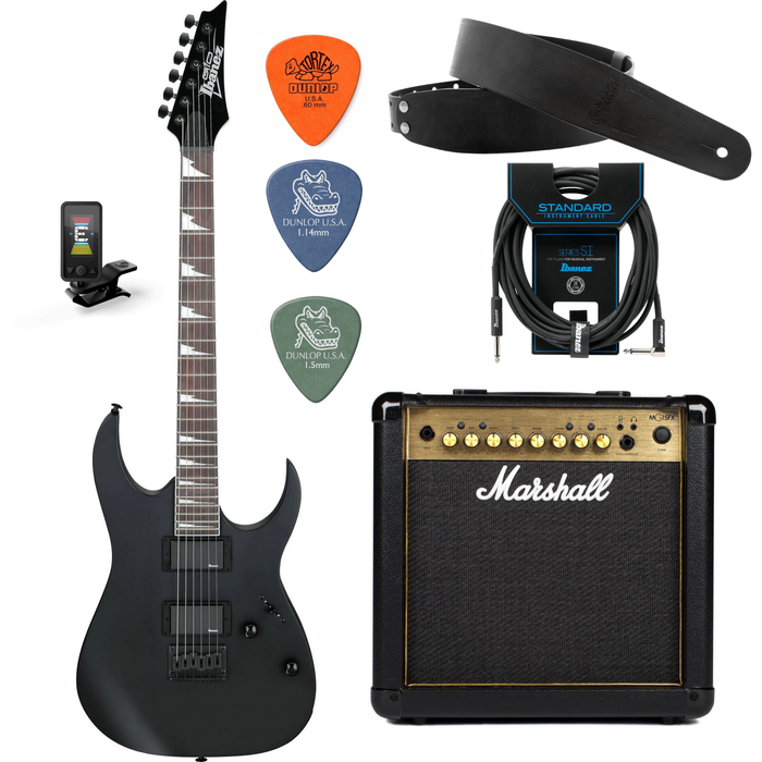 Zestaw gitara elektryczna Ibanez GRG121DX-BKF z combo Marshall MG15GFX Gold + akcesoria