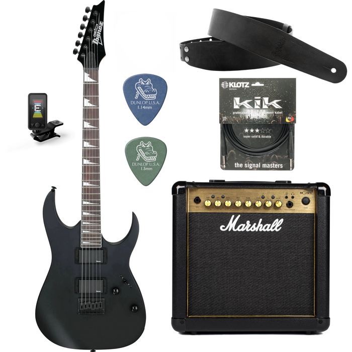 Zestaw gitara elektryczna Ibanez GRG121DX-BKF z combo Marshall MG15GFX Gold + akcesoria