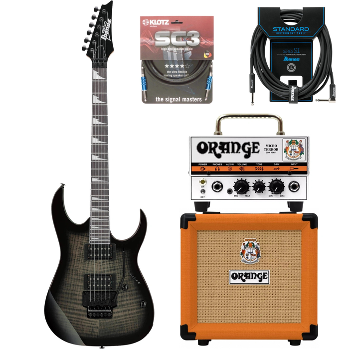 Zestaw gitara elektryczna Ibanez GRG320FA-TKS superstrat ze wzmacniaczem Orange Micro Terror i kolumną Orange PPC-108
