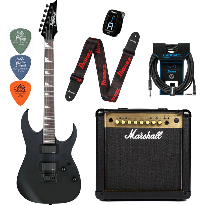Zestaw gitara elektryczna Ibanez GRG121DX-BKF z combo Marshall MG15GFX Gold + akcesoria