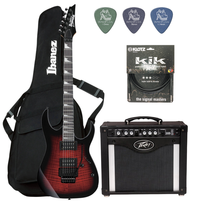 Zestaw gitara elektryczna Ibanez GRG320FA-TRB Superstrat z combo Peavey RAGE 258 i akcesoriami