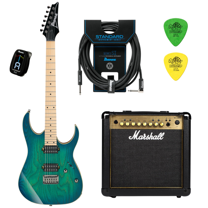 Zestaw gitara elektryczna Ibanez RG421AHM-BMT ze wzmacniaczem Marshall MG15GFX Gold i akcesoriami