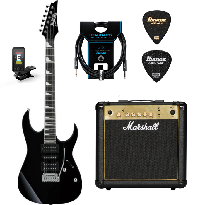 Zestaw gitarowy Ibanez GRG170DX-BKN gitara elektryczna superstrat z combo Marshall MG15G Gold i akcesoriami Ibanez 