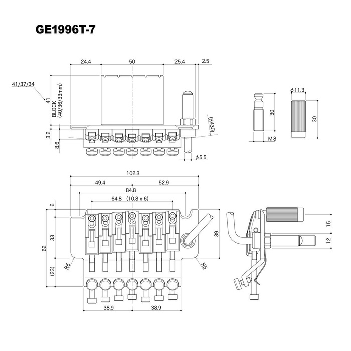 Mostek tremolo GOTOH GE1996T-7 blok 33mm złoty, dwustronne tremolo 7-strunowe