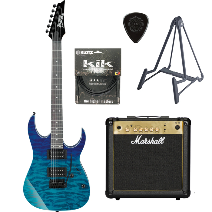 Zestaw gitara elektryczna Ibanez GRG120QASPBGD z combo Marshall MG15G Gold i akcesoriami