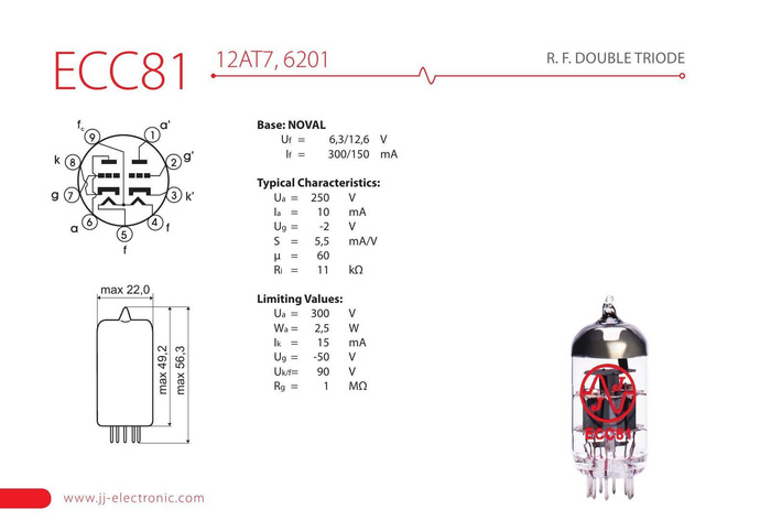 ECC81/12AT7 JJ Electronic  -lampa elektronowa - zamiennik E81CC, ECC801, 6060, 6679, 6201, 7728, 7492, CV455