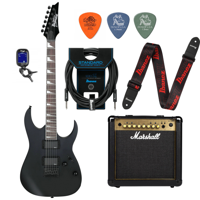 Zestaw gitara elektryczna Ibanez GRG121DX-BKF z combo Marshall MG15GFX Gold + akcesoria