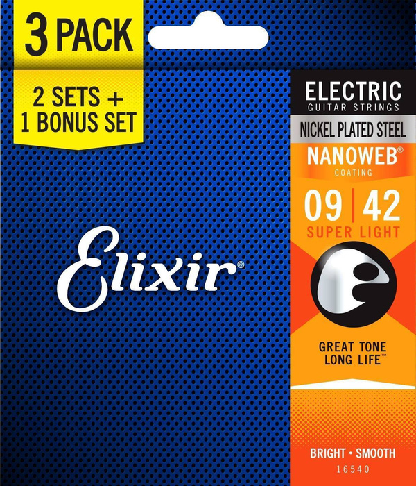 Elixir 16540 Nanoweb Super Light 3-pack 9-42 zestaw trzech kompletów strun do gitary elektrycznej