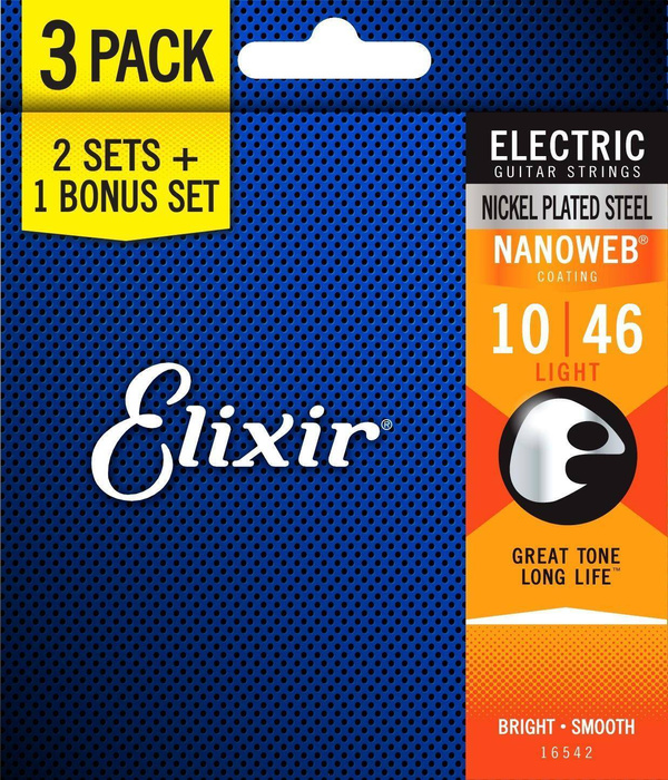 Elixir 16542 Nanoweb Light 3-pack 10-46 zestaw trzech kompletów strun do gitary elektrycznej
