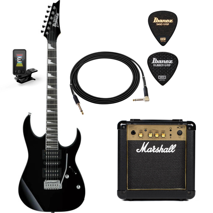 Zestaw gitarowy Ibanez GRG170DX-BKN gitara elektryczna superstrat z combo Marshall MG10G Gold i akcesoriami Ibanez 