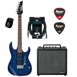 Zestaw gitarowy Ibanez GRX70QA-TBB gitara elektryczna niebieska z combo Ibanez IBZ10GV2 i akcesoriami