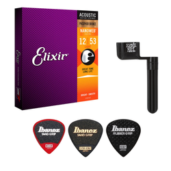 Zestaw Elixir 16052 NanoWeb Phosphor Bronze 12-53 struny do gitary akustycznej z kostkami Ibanez i korbką