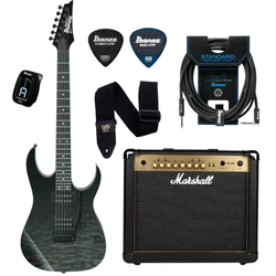 Zestaw gitara elektryczna Ibanez GRG120QASPBKG z combo Marshall MG30GFX Gold i akcesoriami 