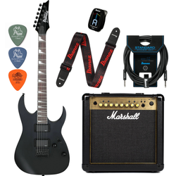 Zestaw gitara elektryczna Ibanez GRG121DX-BKF z combo Marshall MG15GFX Gold + akcesoria