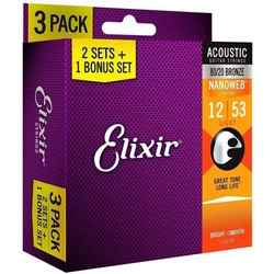 Elixir 16539 Bronze Light 3-pack (12-53) zestaw trzech kompletów strun do gitary akustycznej