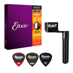 Zestaw Elixir 16052 NanoWeb Phosphor Bronze 12-53 struny do gitary akustycznej z kostkami Ibanez i korbką Dunlop