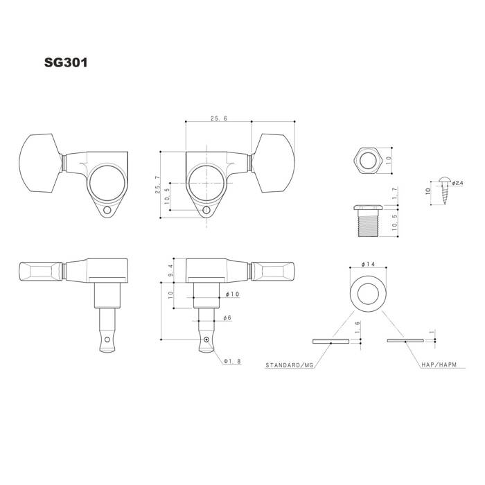 Klucze blokowane GOTOH SG301-04 MG L3+R3 Złote trzy lewe, trzy prawe klucze do gitary MG