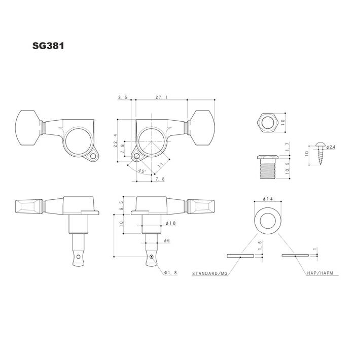 Klucze blokowane GOTOH SG381-04 MG L3+R3 Chrome trzy lewe, trzy prawe klucze do gitary MG