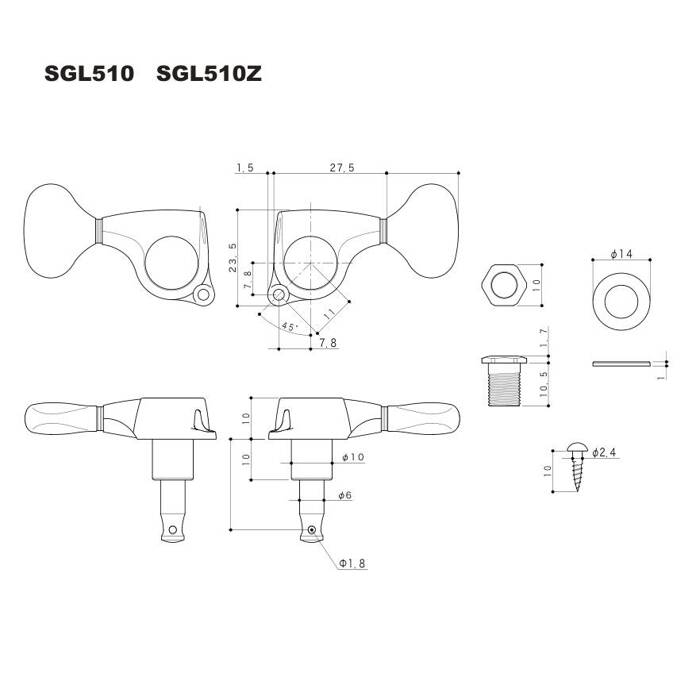 Klucze blokowane GOTOH SGL510Z-A01 HAPM chrome L3+R3 trzy lewe, trzy prawe klucze do gitary HAP-M