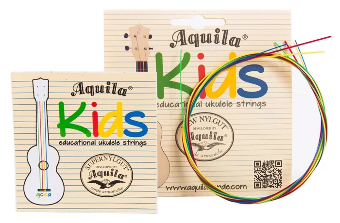Struny do ukulele dla dzieci Aquila 138U kolorowe z broszurą i naklejką
